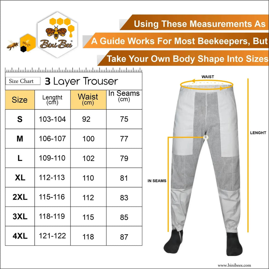 Premium 3 Layer Beekeeping Trouser – Maximum Protection & Comfort for Beekeepers Bini Bee size chart