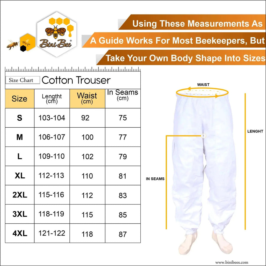 Premium Cotton Beekeeping Protective Trouser – Comfortable & Protective Gear for Beekeepers Bini Bee size chart